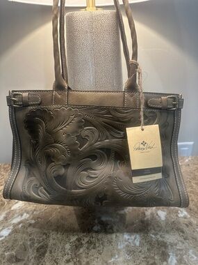Patricia Nash Olive Green Tooled Leather Tote with Floral Motif